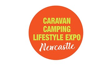 A red circle with the words caravan camping lifestyle expo newcastle written in it.