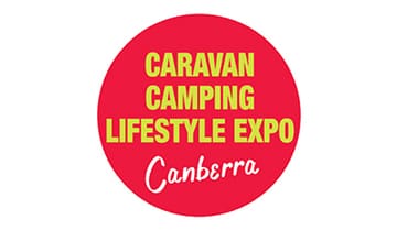 A red circle with the words caravan camping lifestyle expo canberra written in yellow.