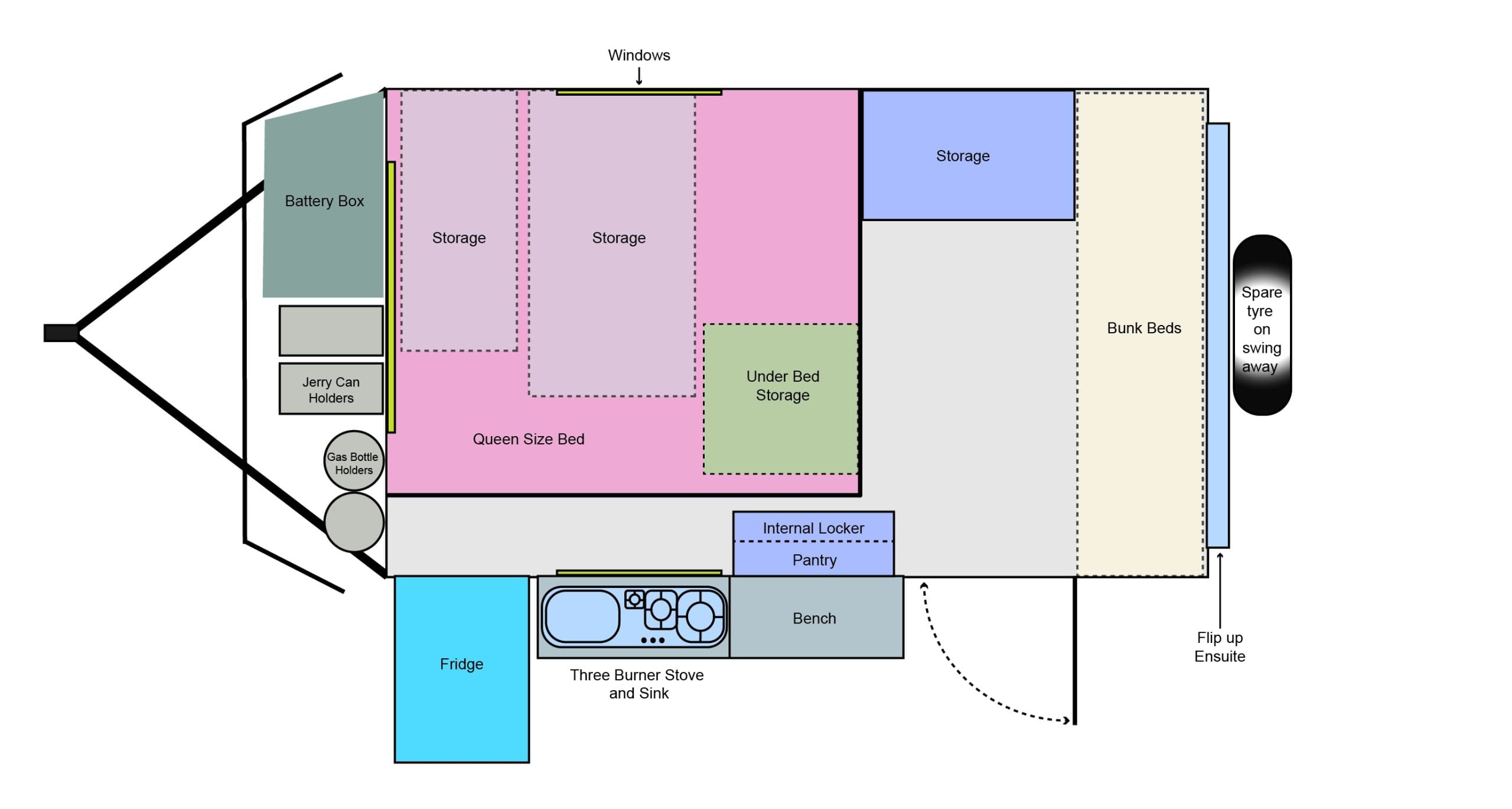 A floor plan of a trailer with many different colors.